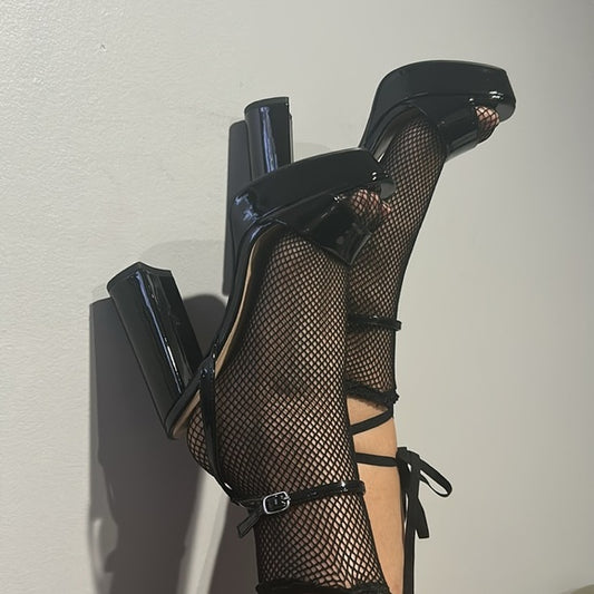 Black patent strap heels