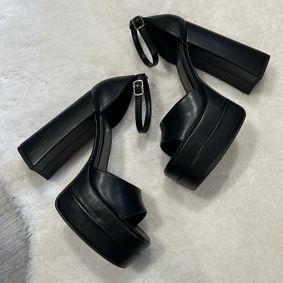 Black platform block heels