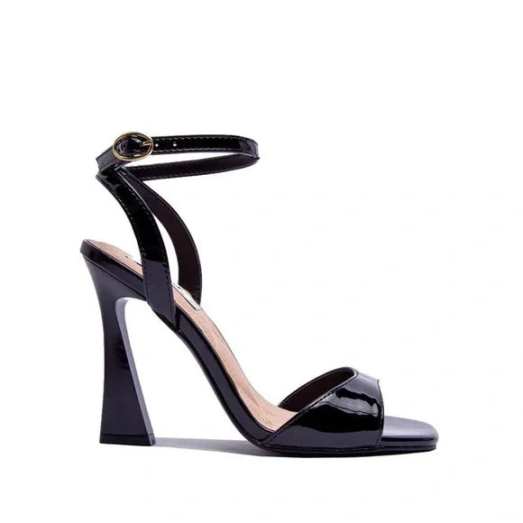 Black Patent Leather Ankle Strap Cube Heel Dress Sandals