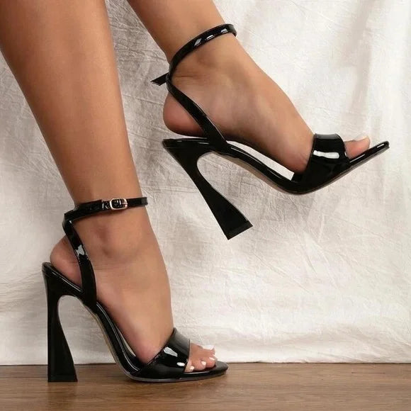 Black Patent Leather Ankle Strap Cube Heel Dress Sandals