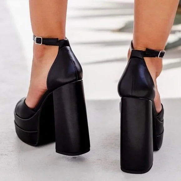 Black platform block heels