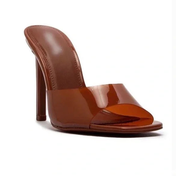 Brown square peep toe mule