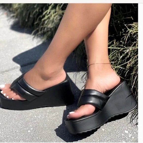 Black thong wedge sandals